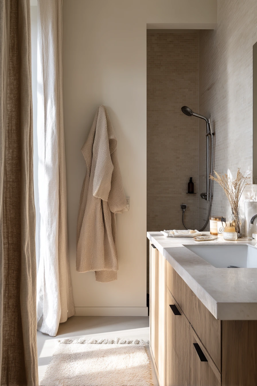 Chrome Details in a Warm Neutral Ensuite