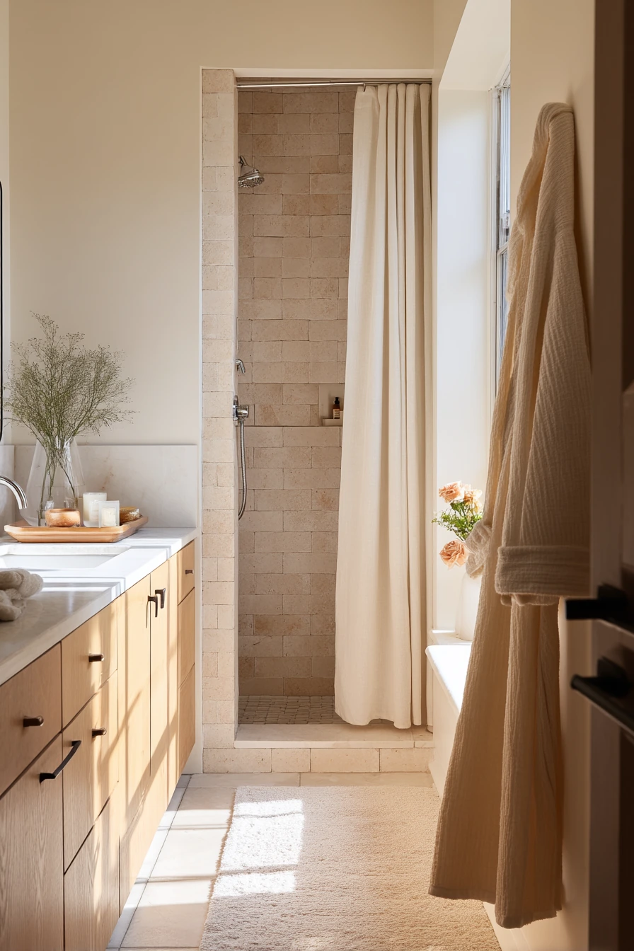 Chrome Details in a Warm Neutral Ensuite