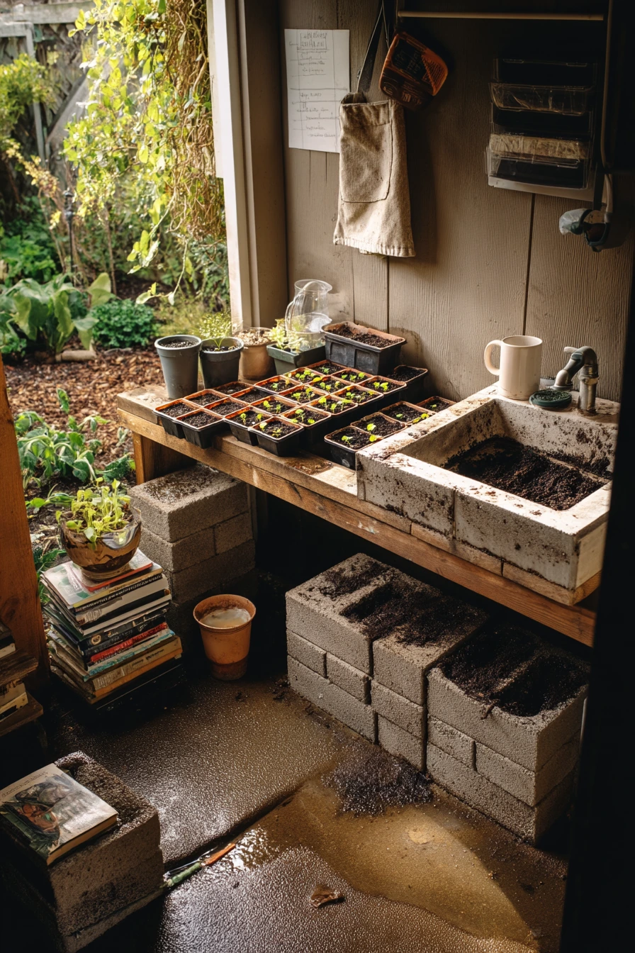 Rainy-Day Cinder Block Potting Zone