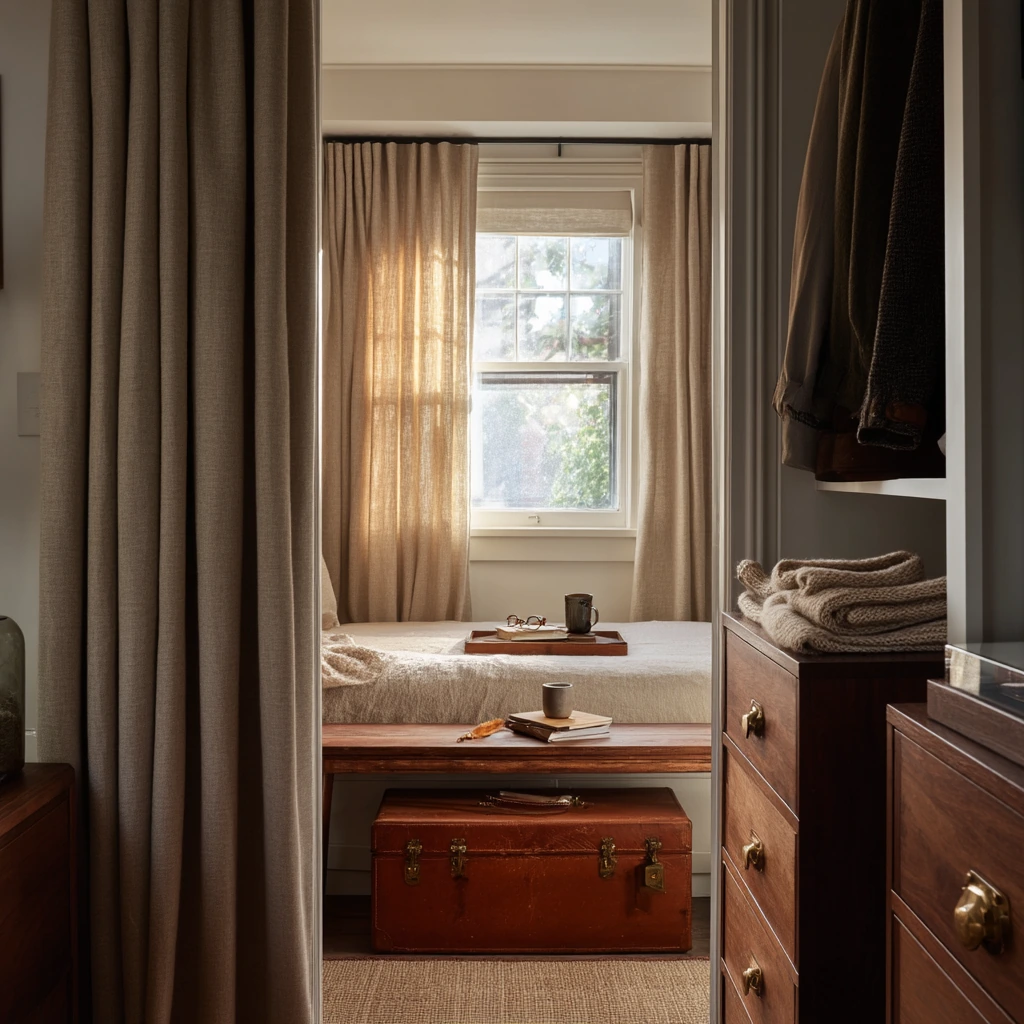Walk-In Closet With Draped Linen Entry