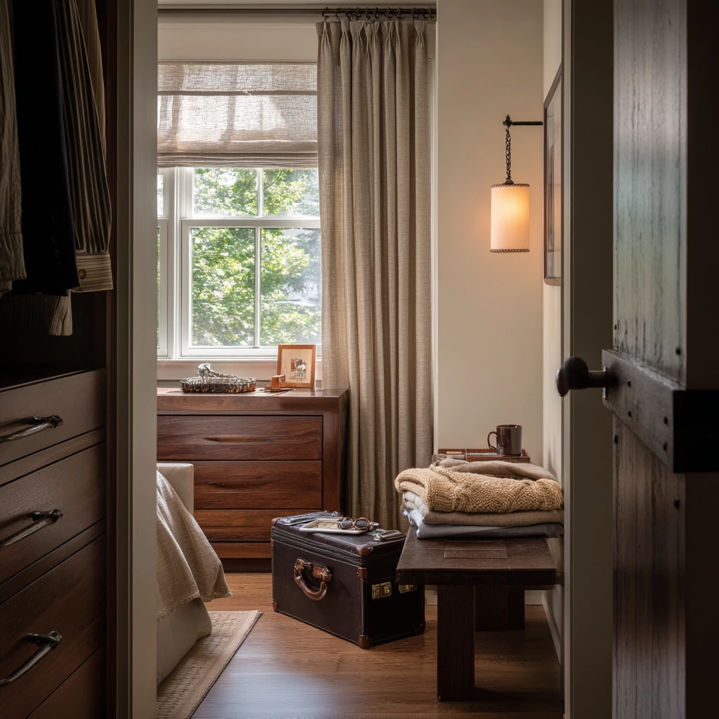 Walk-In Closet With Draped Linen Entry