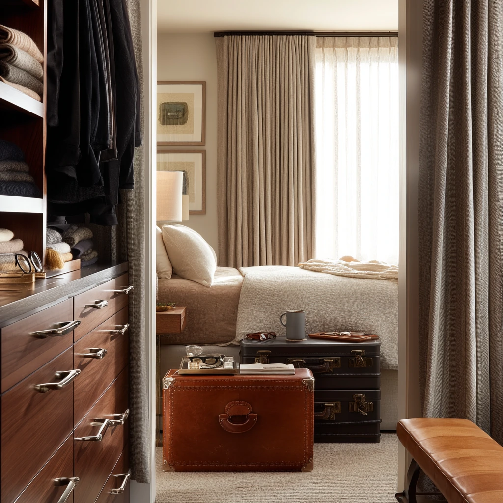 Walk-In Closet With Draped Linen Entry