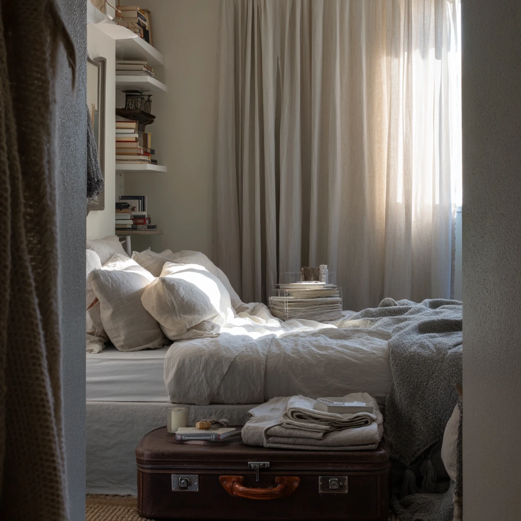 Guest Room Closet Curtain in Soft Neutrals