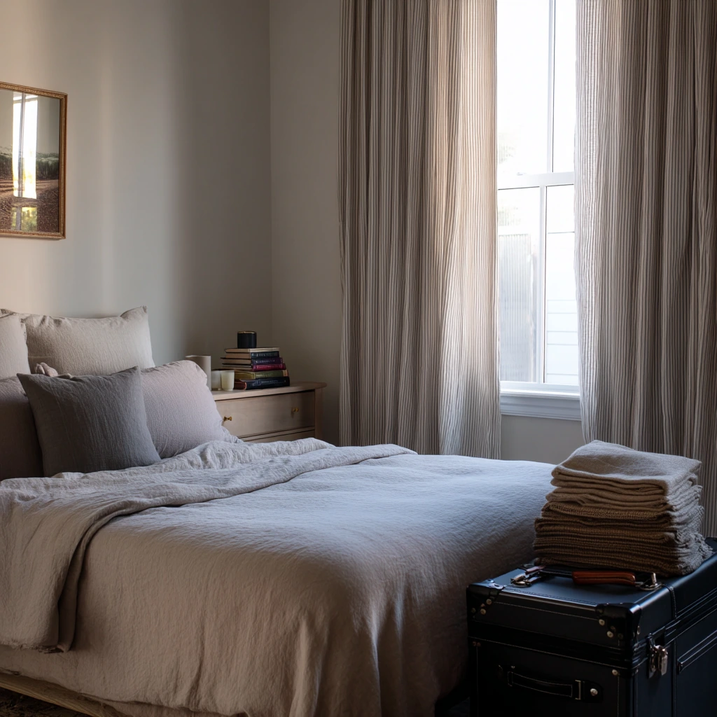 Guest Room Closet Curtain in Soft Neutrals