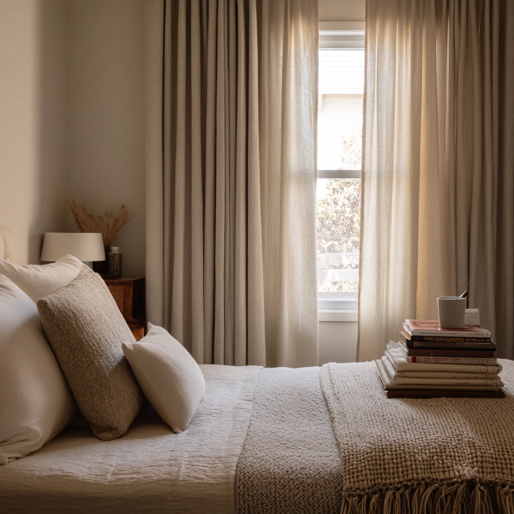 Guest Room Closet Curtain in Soft Neutrals