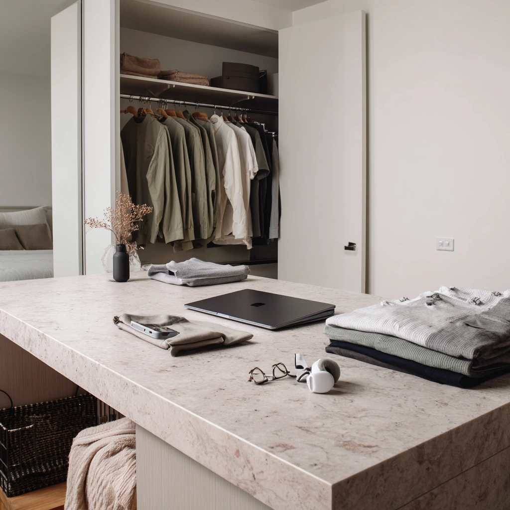 Minimal Closet Island for a Shared Studio Bedroom