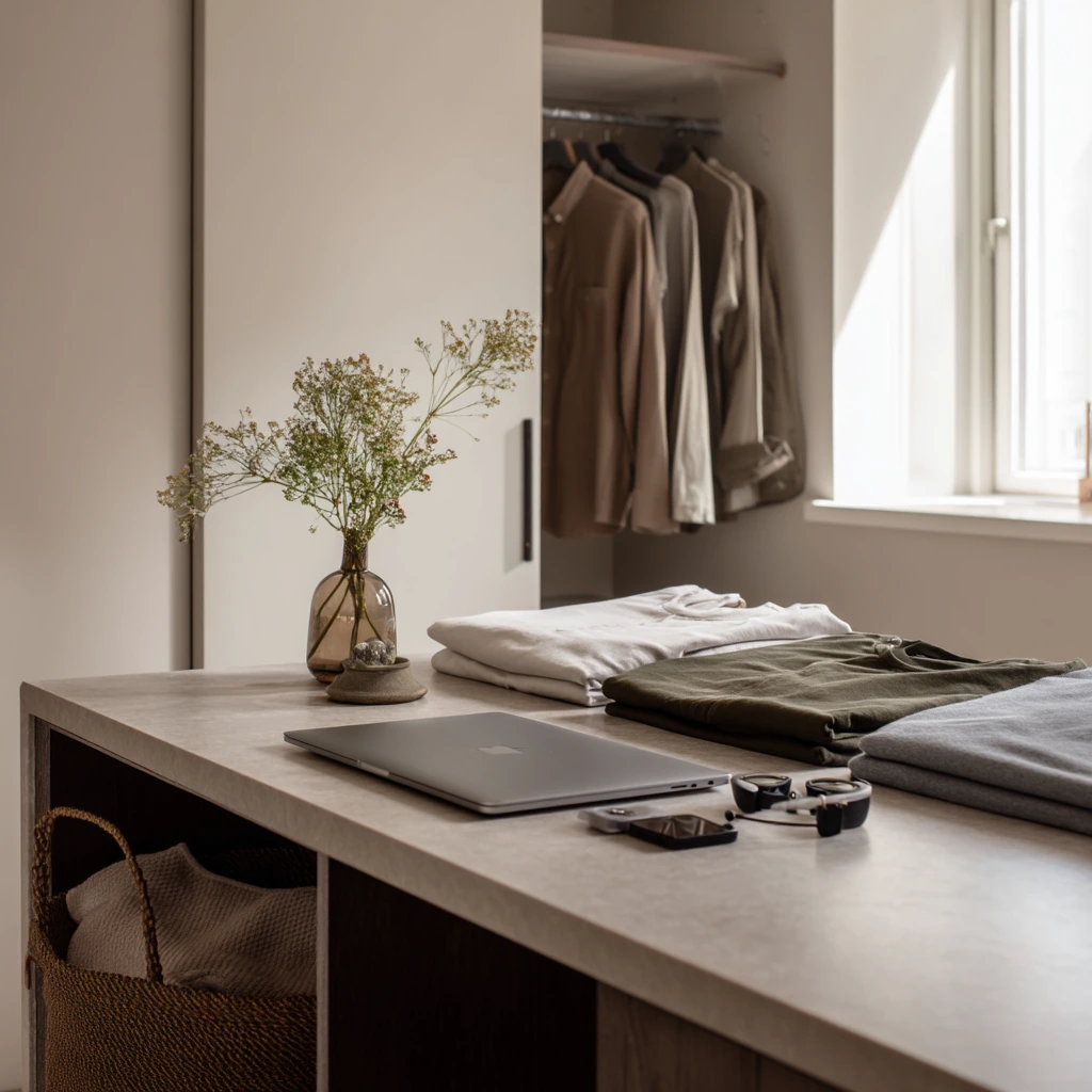 Minimal Closet Island for a Shared Studio Bedroom