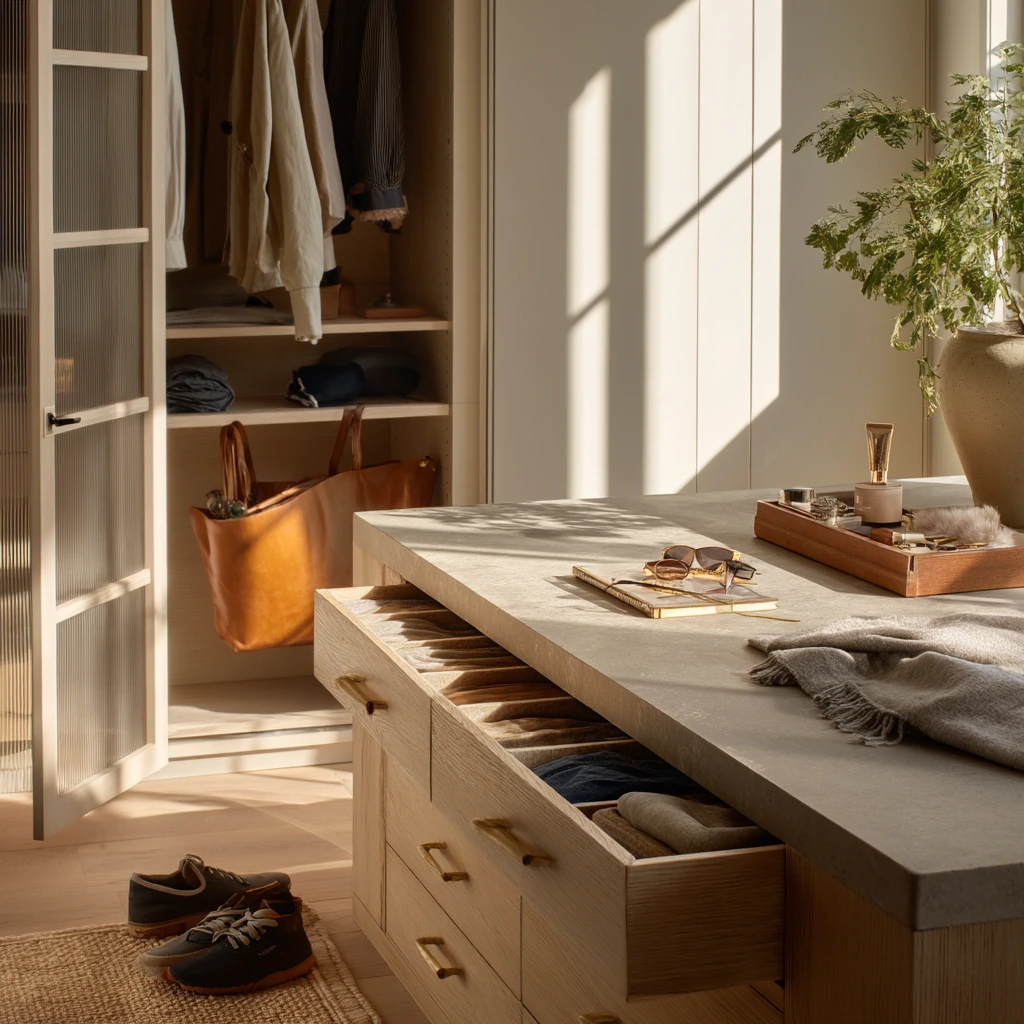 Well-Used Luxury Closet Island in a Morning Routine