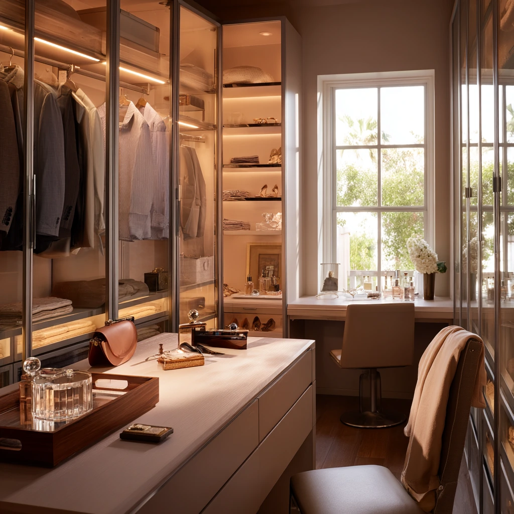 Boutique Walk-In Closet with Glass Shelves