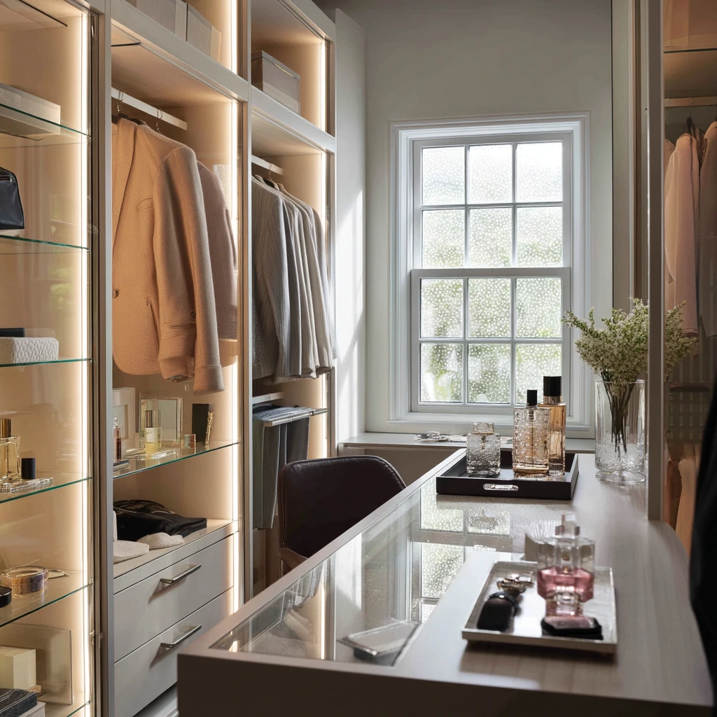 Boutique Walk-In Closet with Glass Shelves