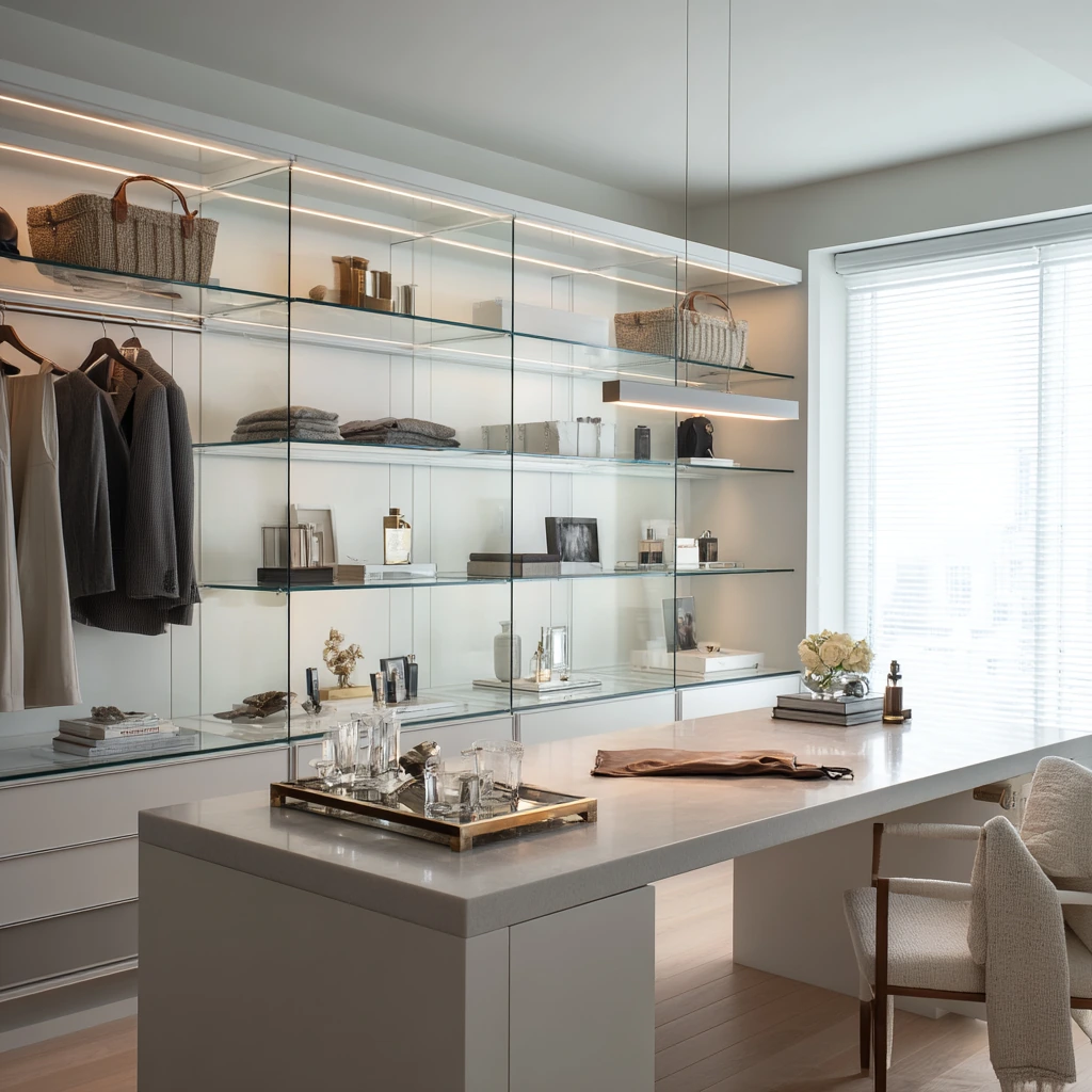 Boutique Walk-In Closet with Glass Shelves