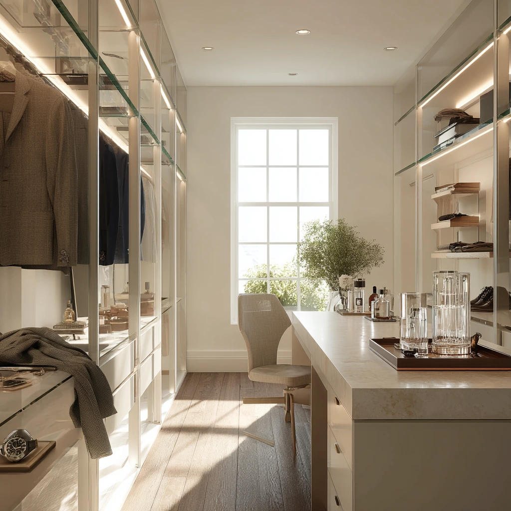 Boutique Walk-In Closet with Glass Shelves