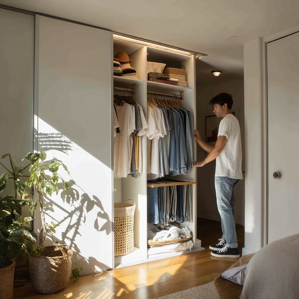 Small Apartment Closet with Motion Sensor Lighting