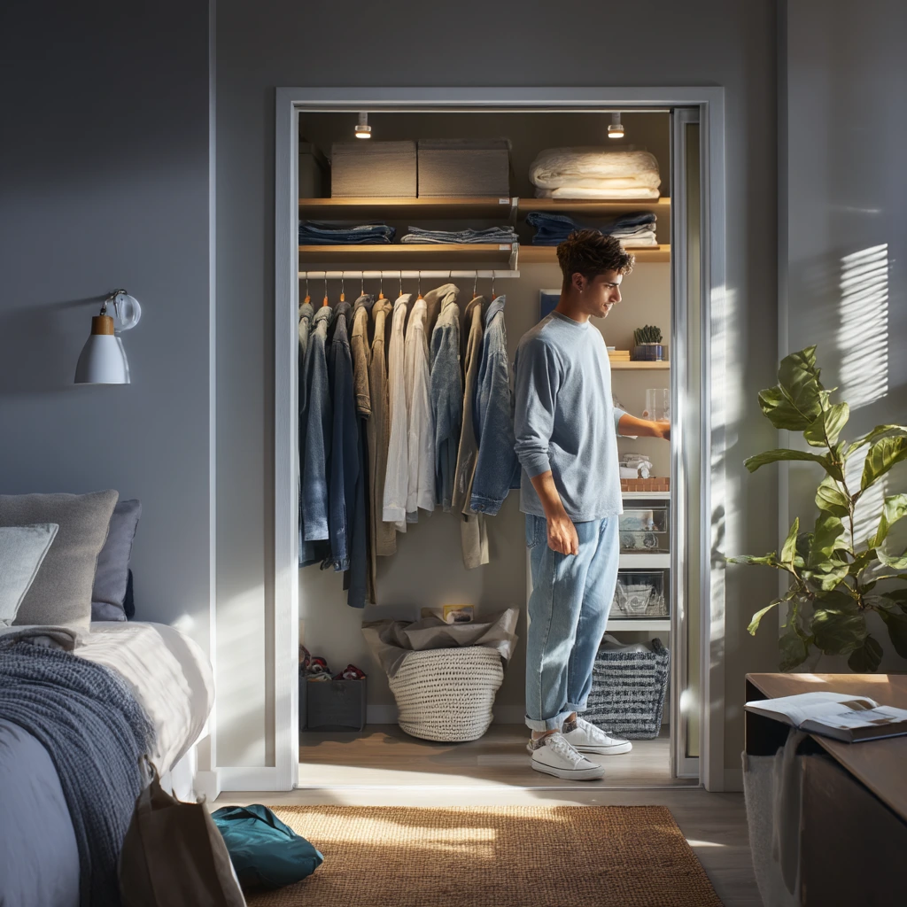 Small Apartment Closet with Motion Sensor Lighting