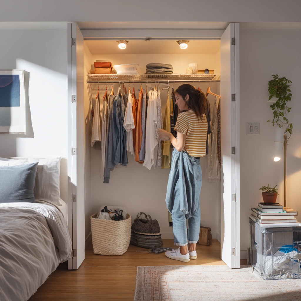 Small Apartment Closet with Motion Sensor Lighting