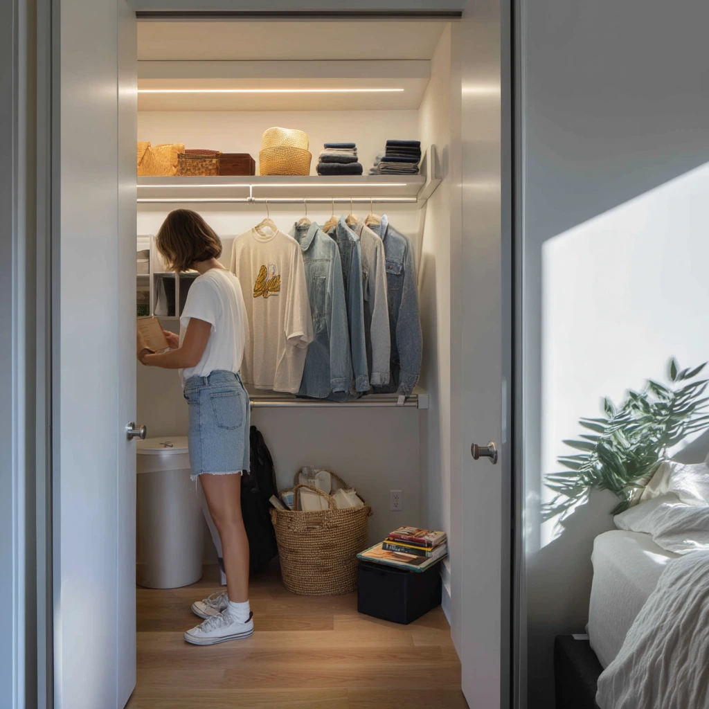 Small Apartment Closet with Motion Sensor Lighting