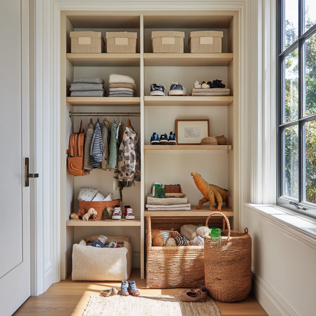Family Closet Shelving with Kid-Ready Bins