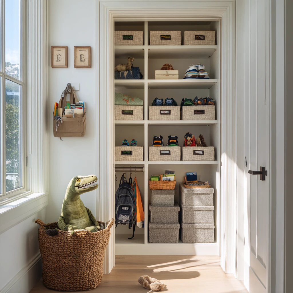 Family Closet Shelving with Kid-Ready Bins