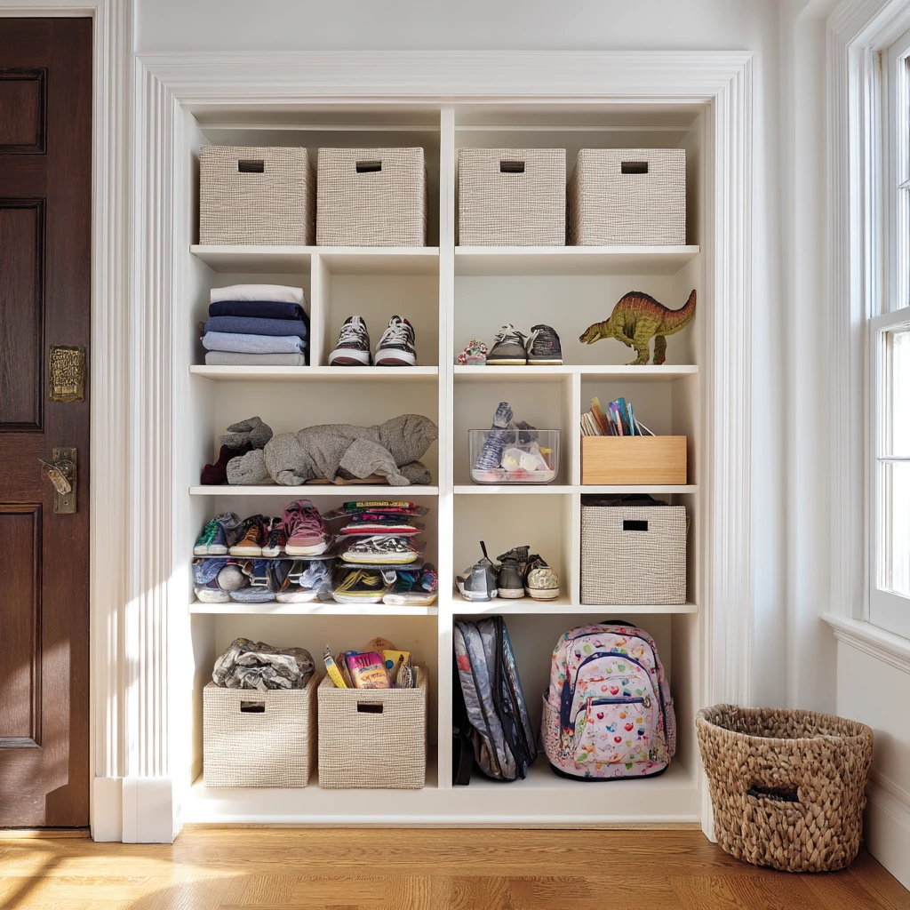 Family Closet Shelving with Kid-Ready Bins