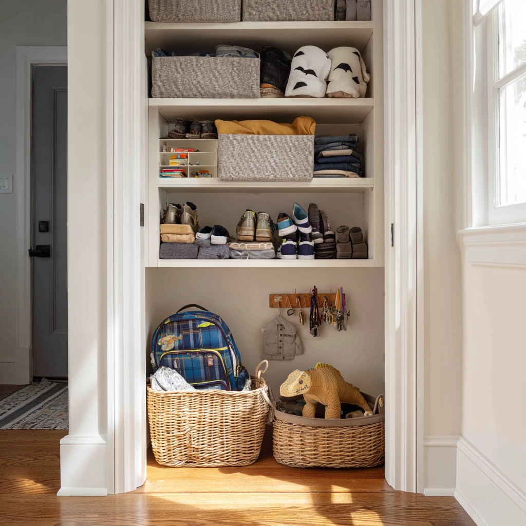 Family Closet Shelving with Kid-Ready Bins