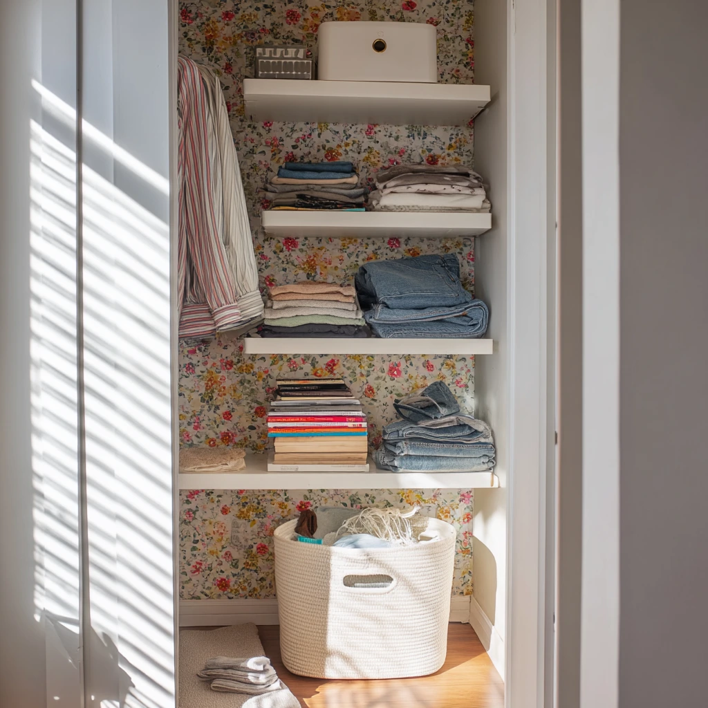 Budget Bedroom Closet with Removable Floral Wallpaper