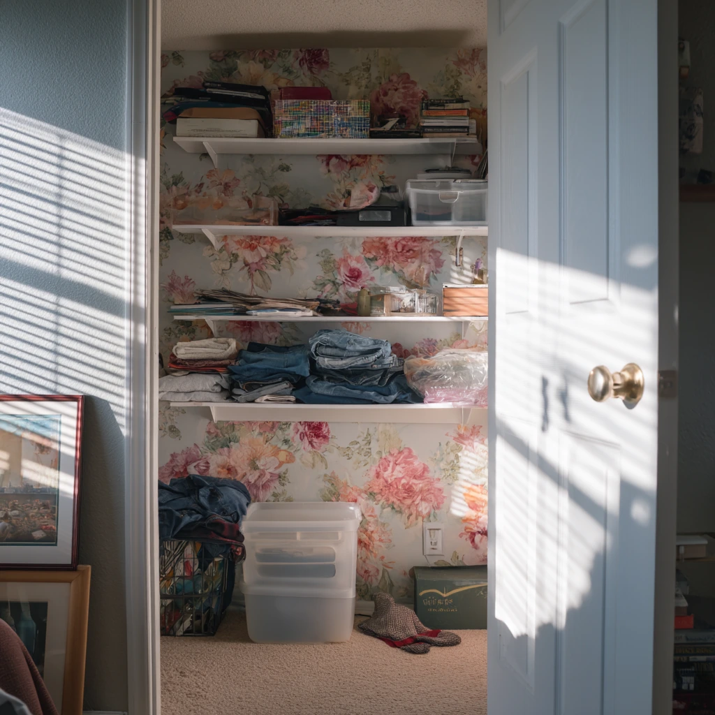 Budget Bedroom Closet with Removable Floral Wallpaper