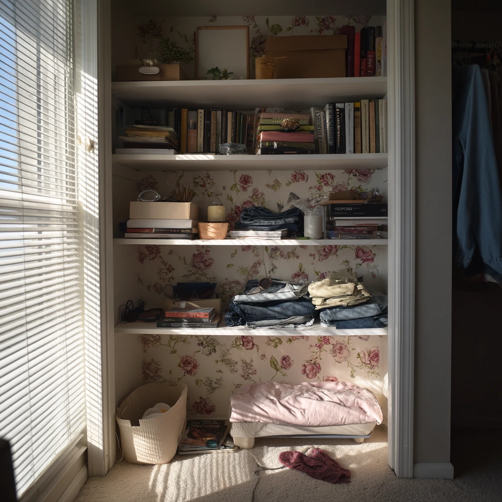 Budget Bedroom Closet with Removable Floral Wallpaper