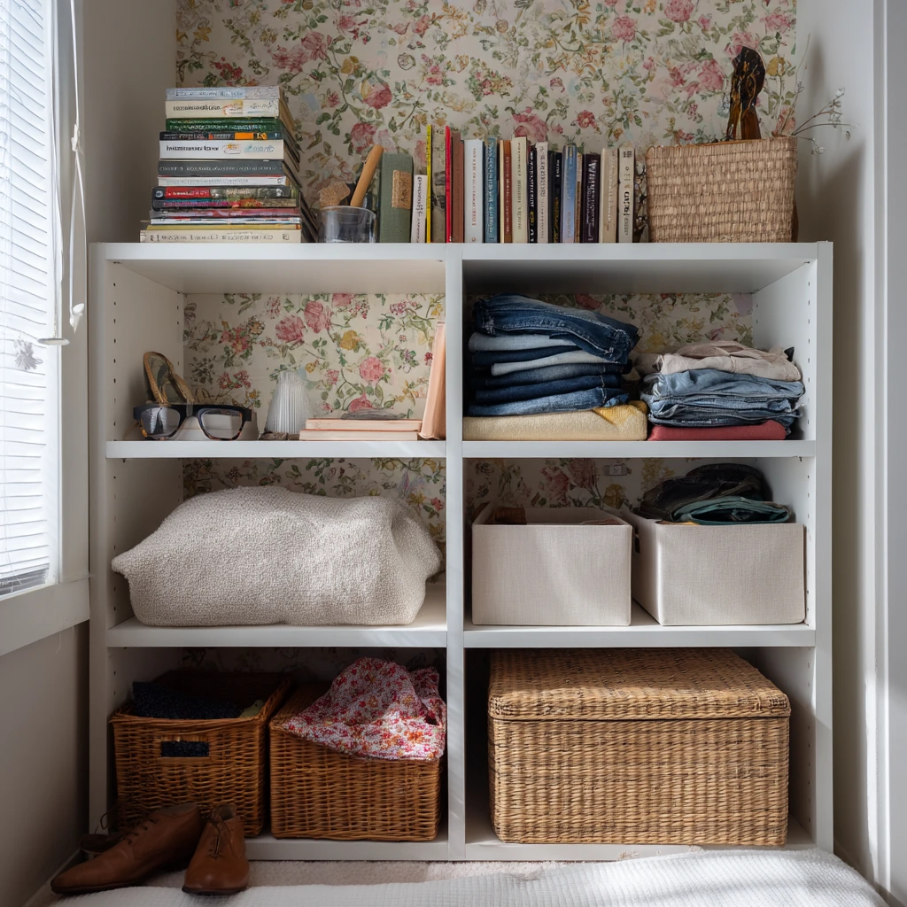 Budget Bedroom Closet with Removable Floral Wallpaper