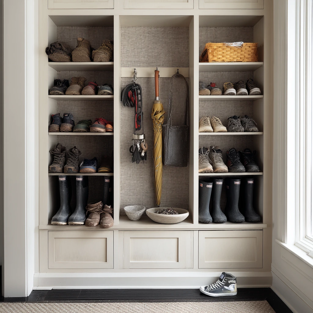 Shoe Closet with Wallpaper as a Backdrop