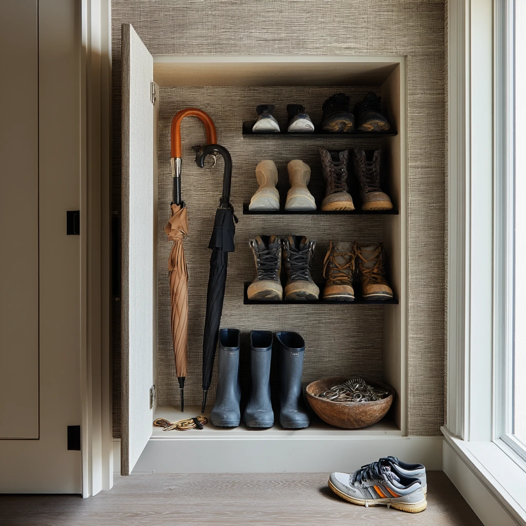 Shoe Closet with Wallpaper as a Backdrop