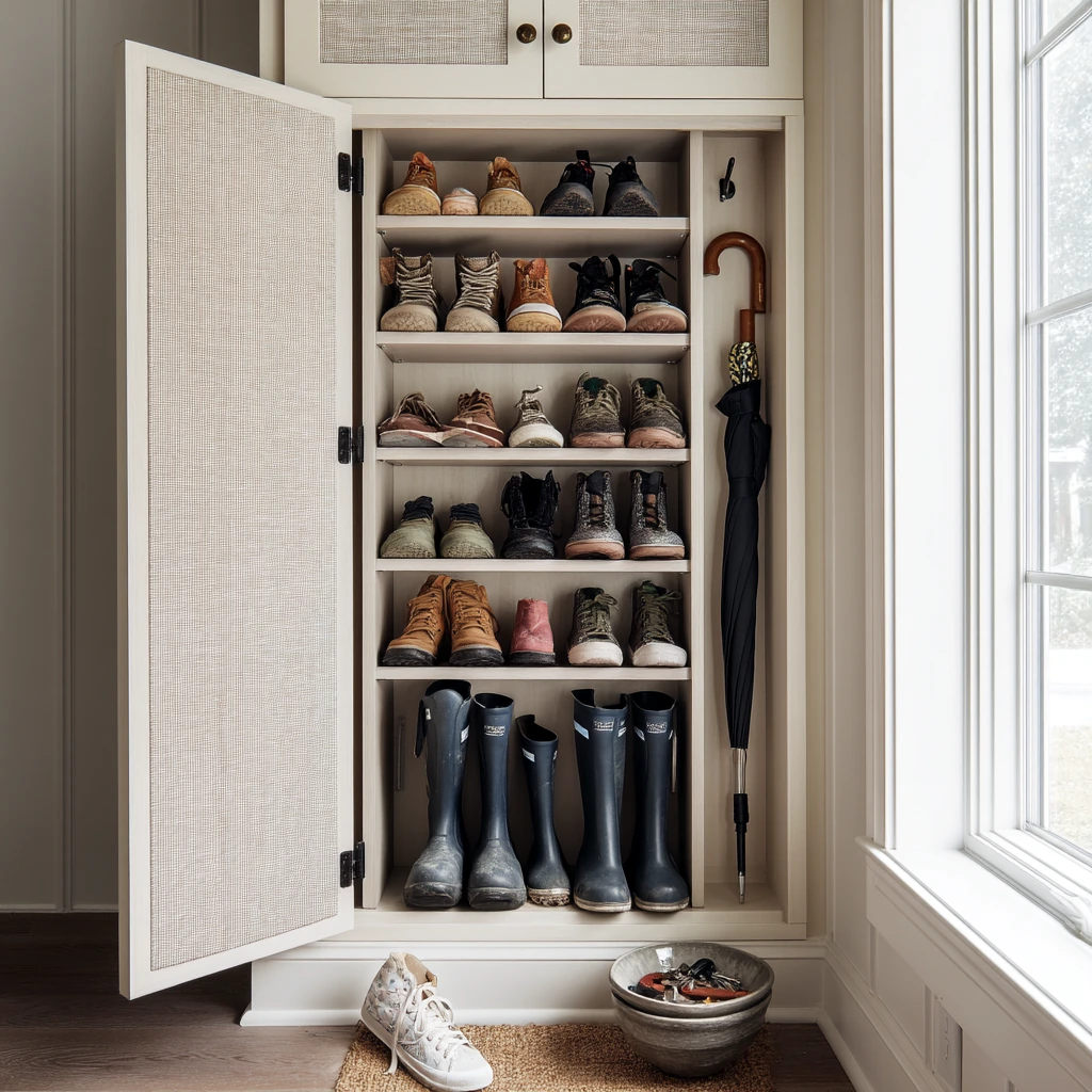 Shoe Closet with Wallpaper as a Backdrop