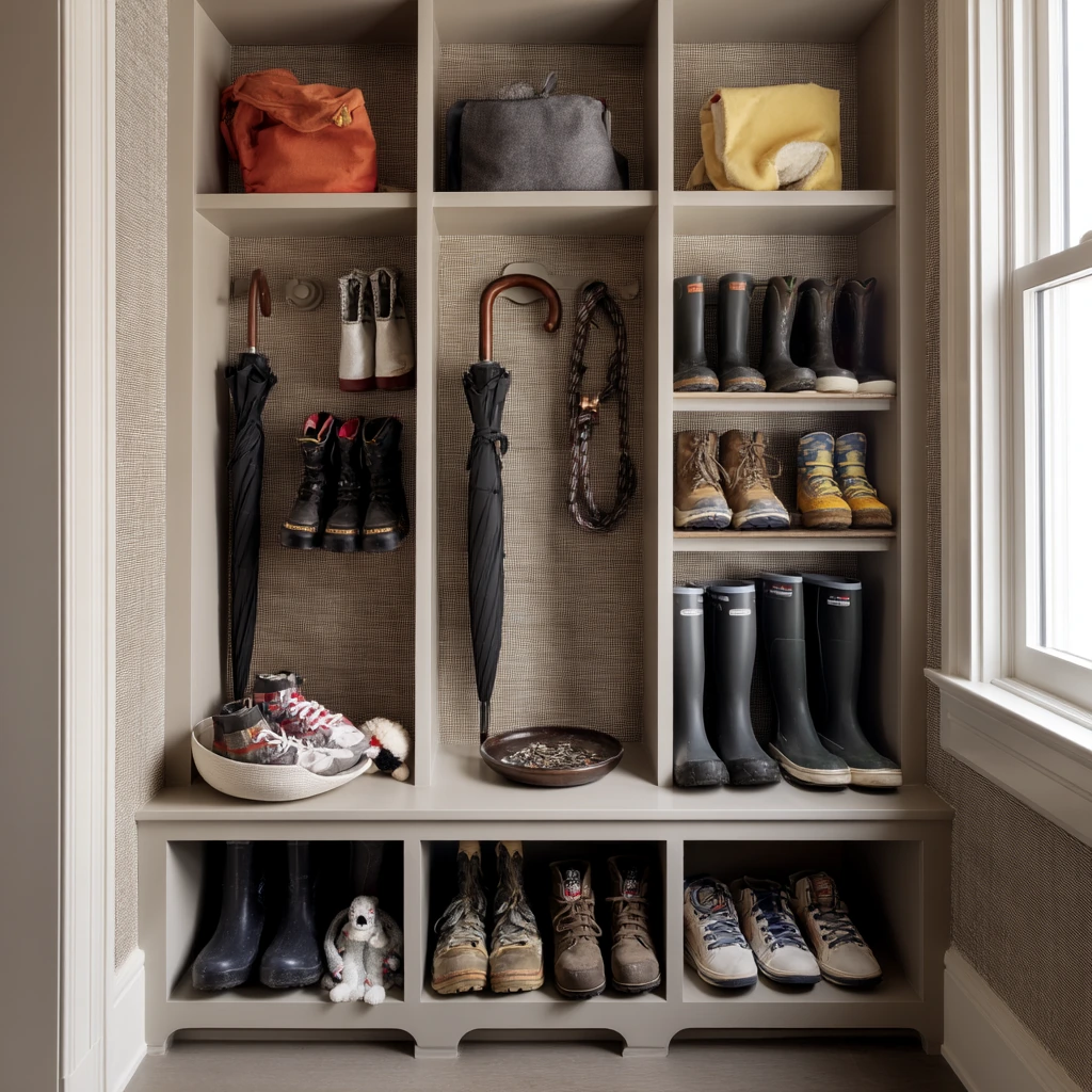 Shoe Closet with Wallpaper as a Backdrop