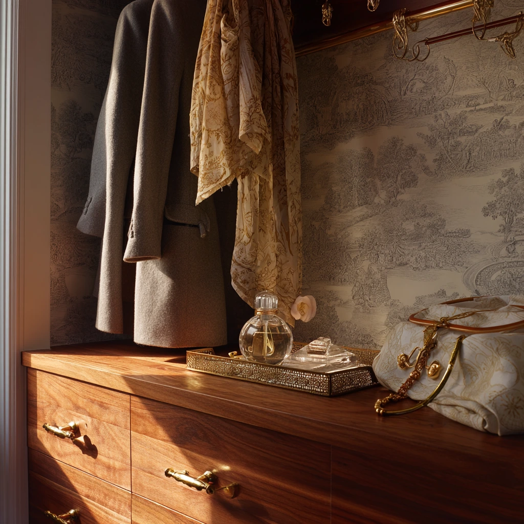 Vintage-Inspired Primary Closet with Wallpaper