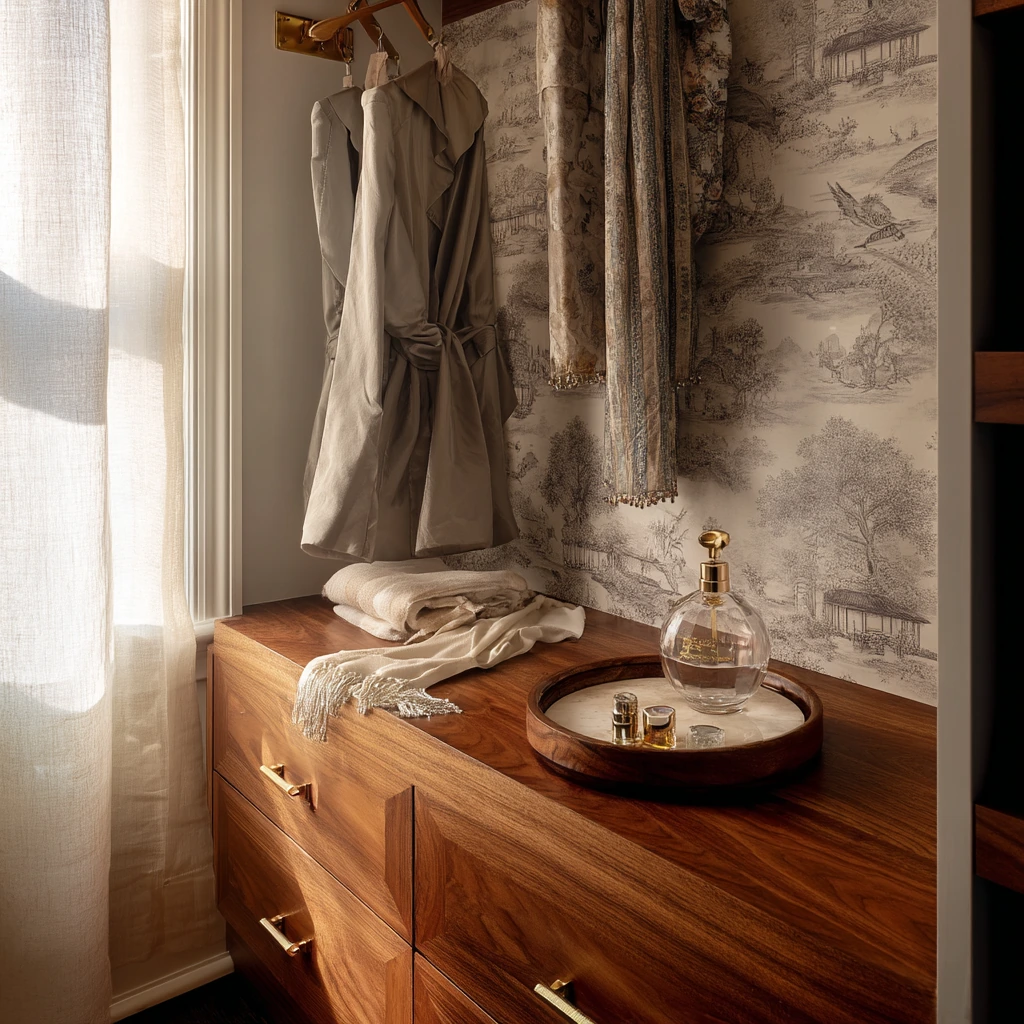 Vintage-Inspired Primary Closet with Wallpaper