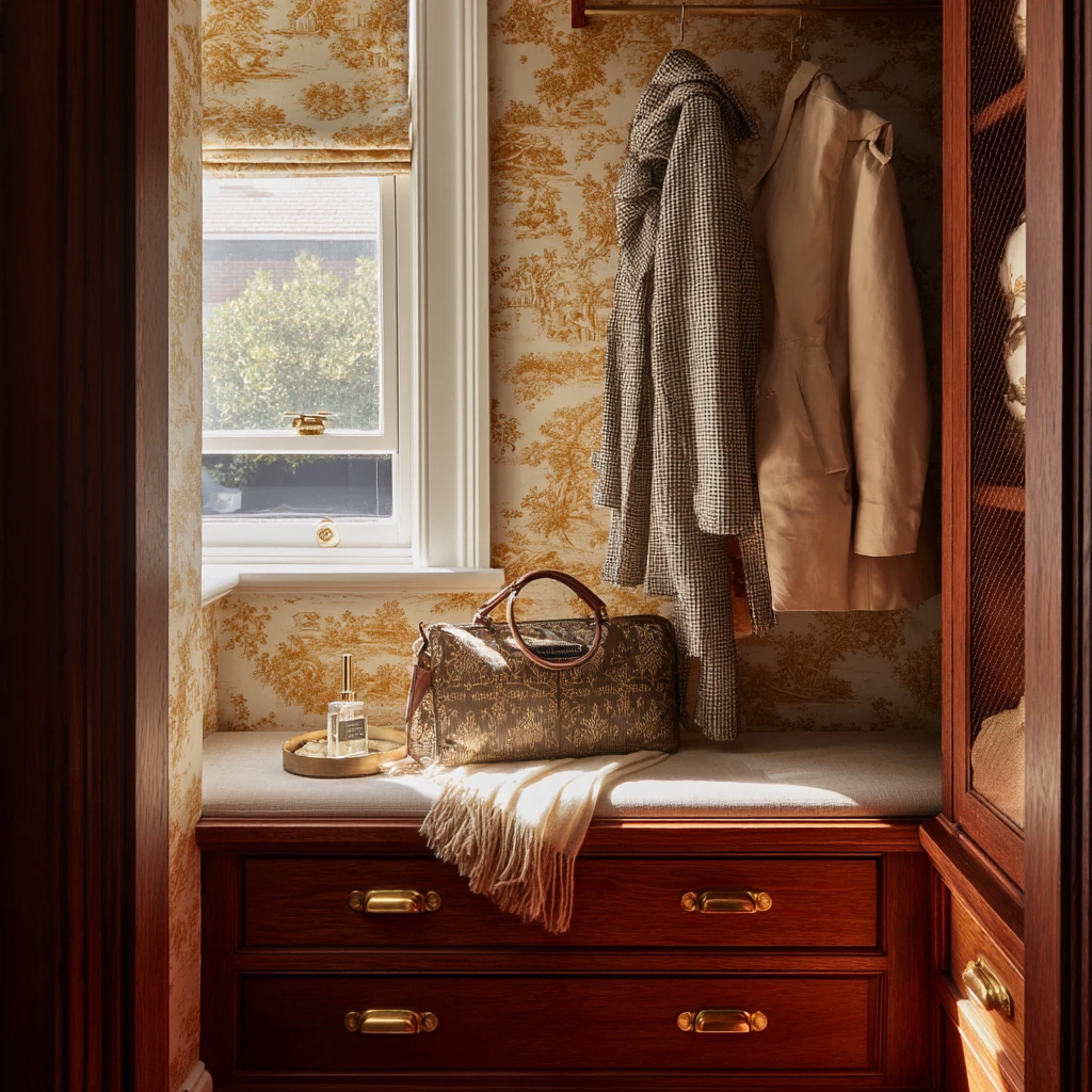 Vintage-Inspired Primary Closet with Wallpaper