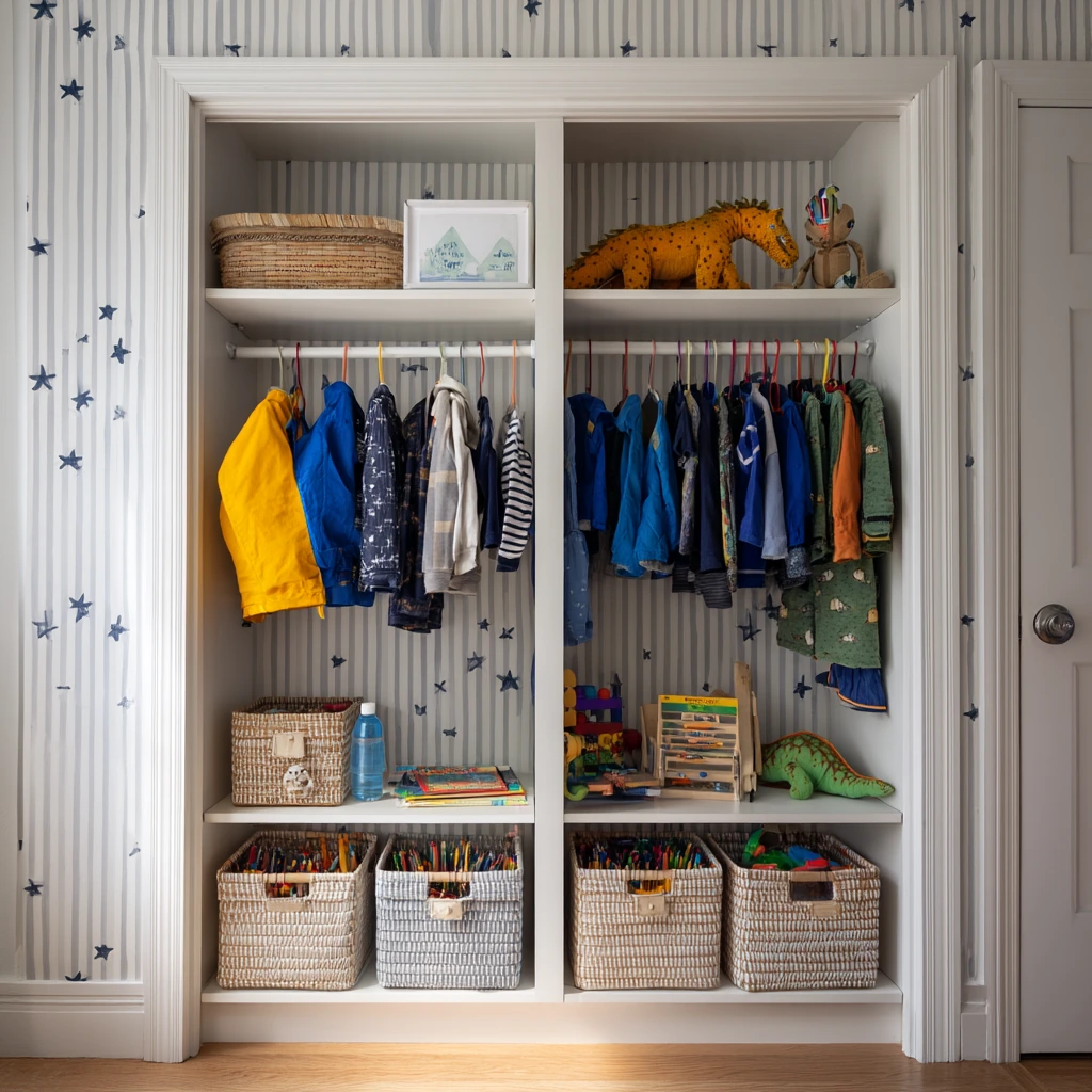 Shared Kids’ Closet with Playful Wallpaper