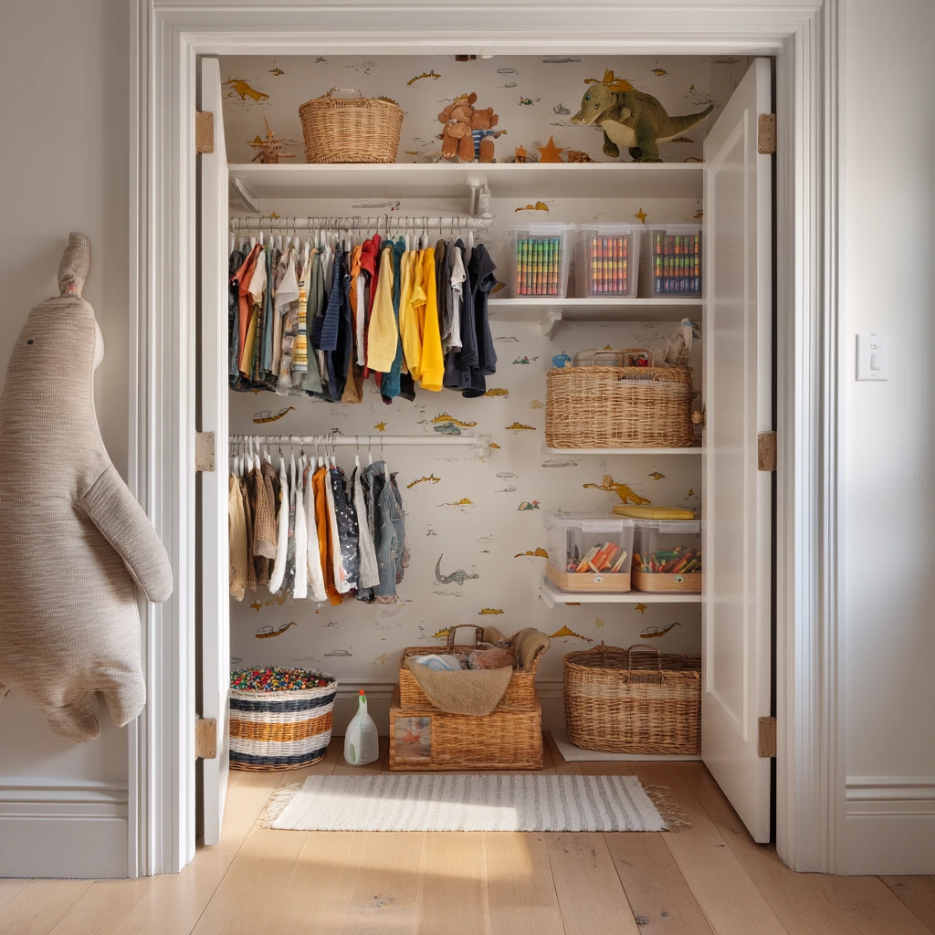 Shared Kids’ Closet with Playful Wallpaper