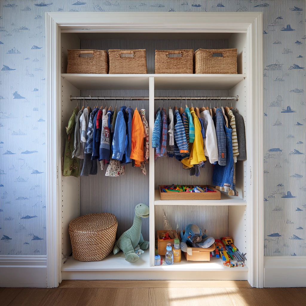 Shared Kids’ Closet with Playful Wallpaper