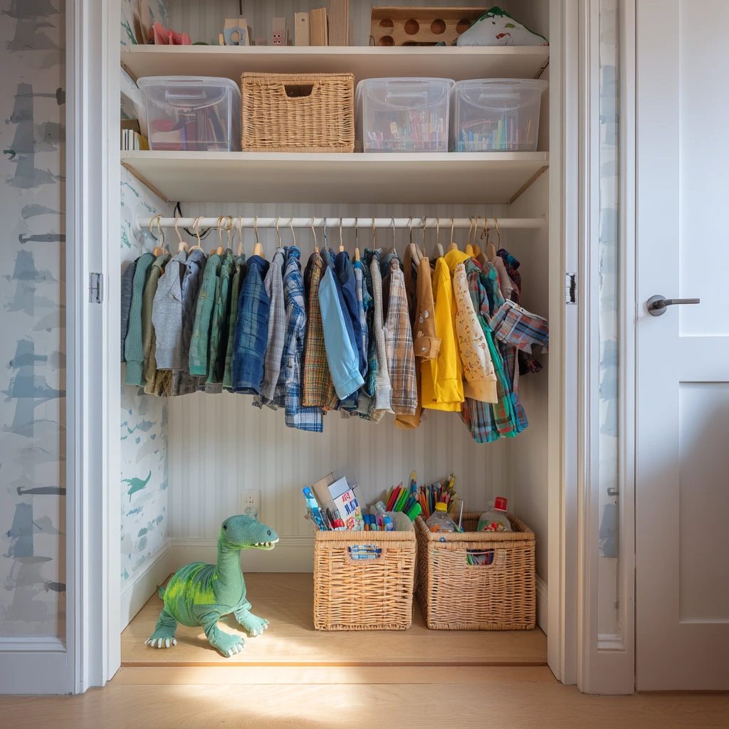 Shared Kids’ Closet with Playful Wallpaper