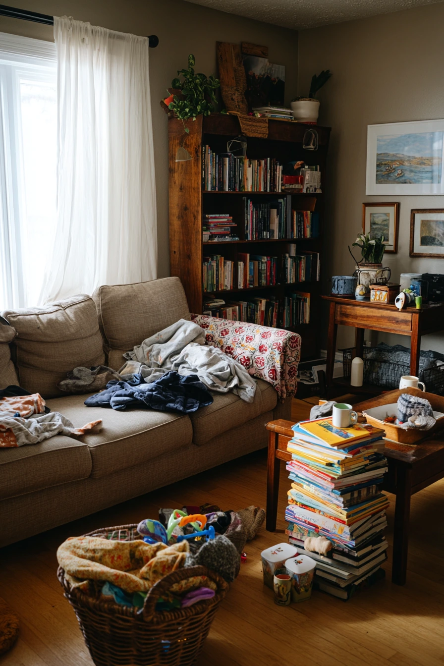 Bookish Family Living Room with Warm Clutter