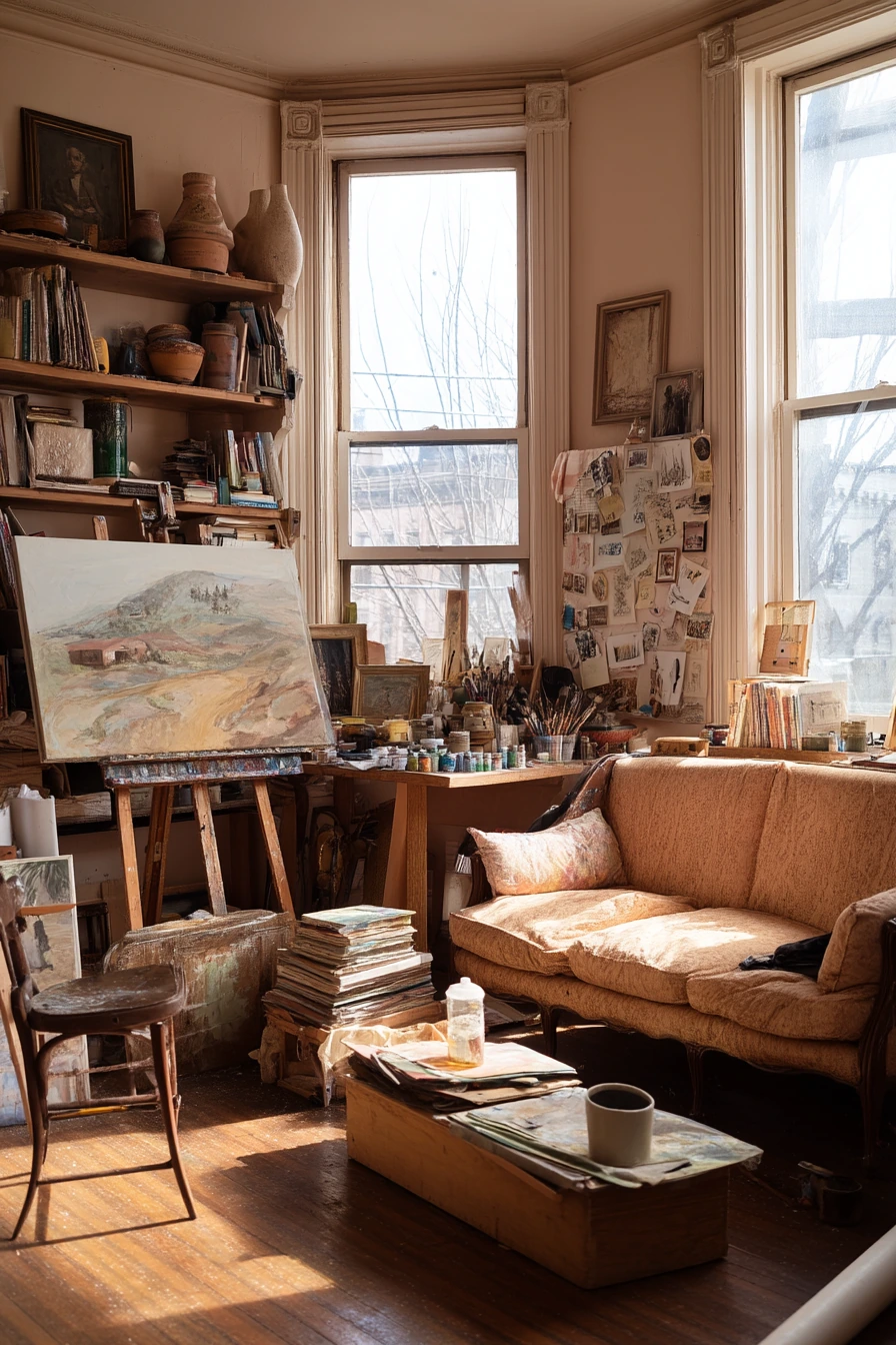 Artist-Collector Living Room with Worn Charm