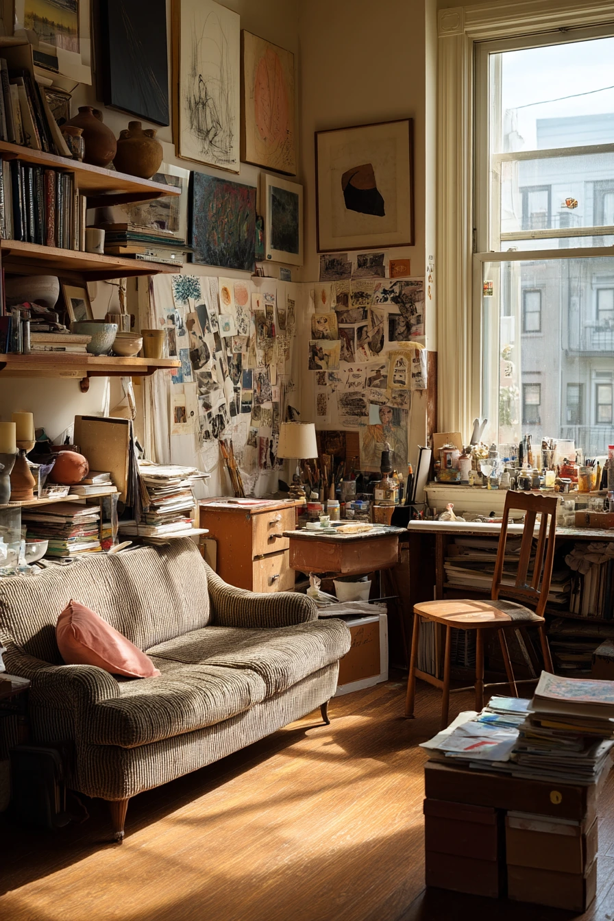 Artist-Collector Living Room with Worn Charm