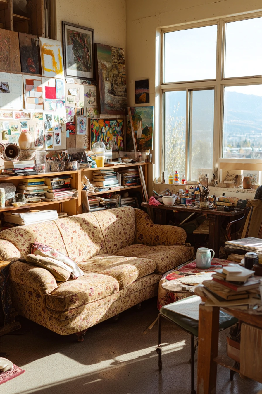 Artist-Collector Living Room with Worn Charm