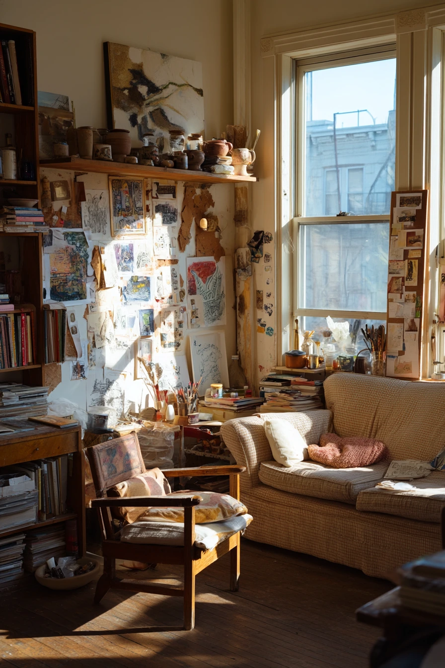Artist-Collector Living Room with Worn Charm
