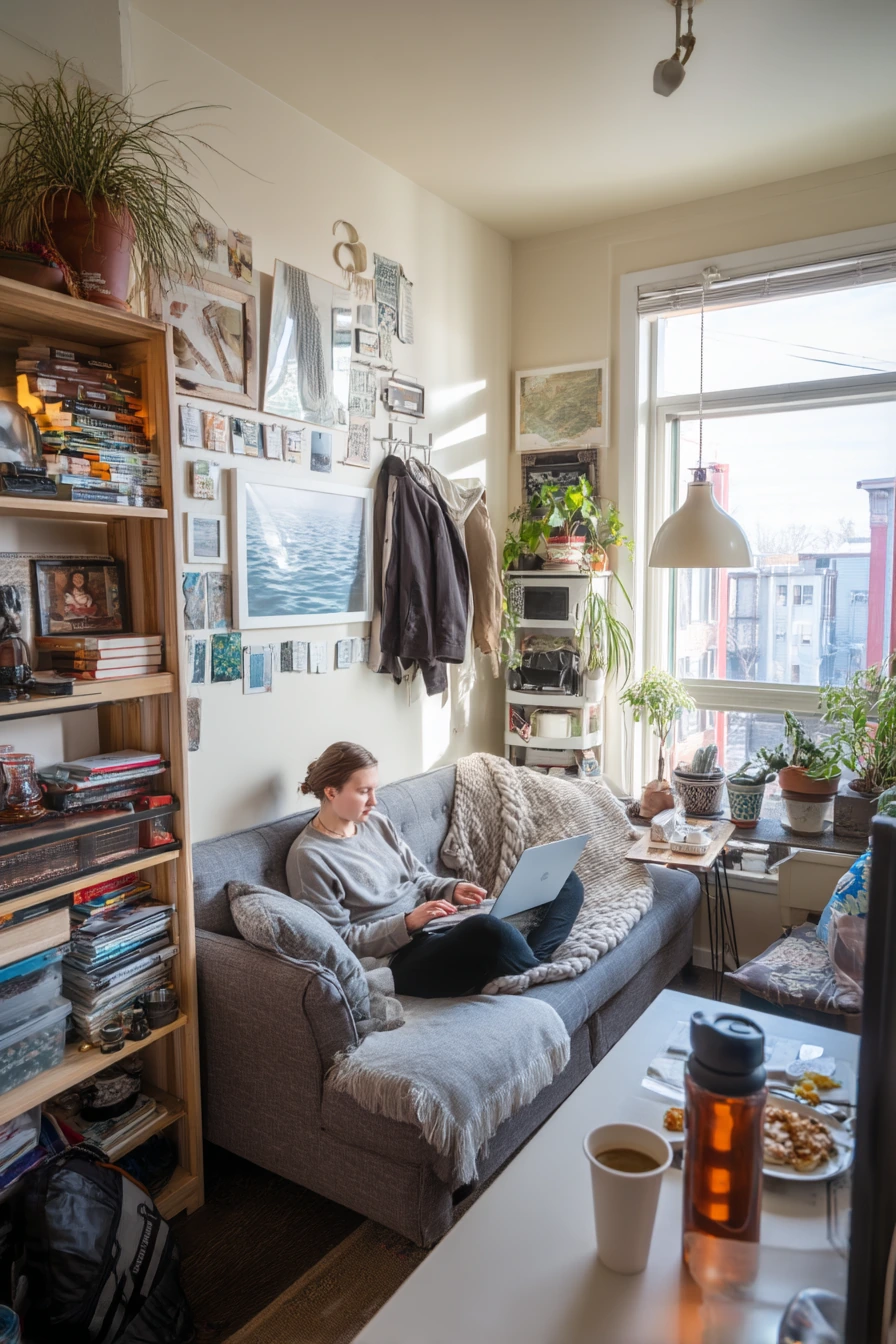 Tiny Studio Living Room with Every Inch Used
