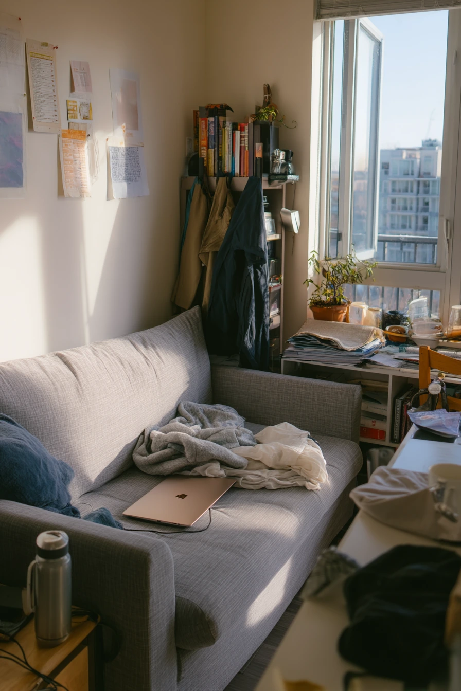 Tiny Studio Living Room with Every Inch Used