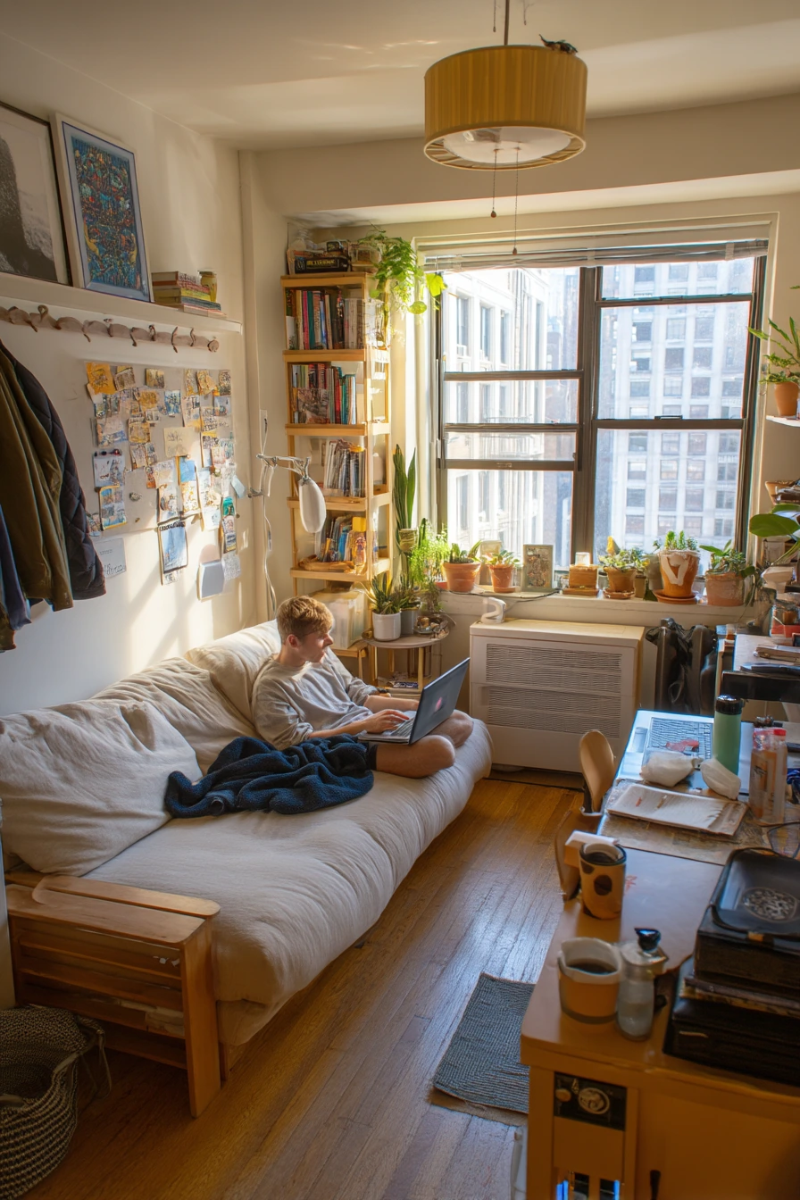 Tiny Studio Living Room with Every Inch Used