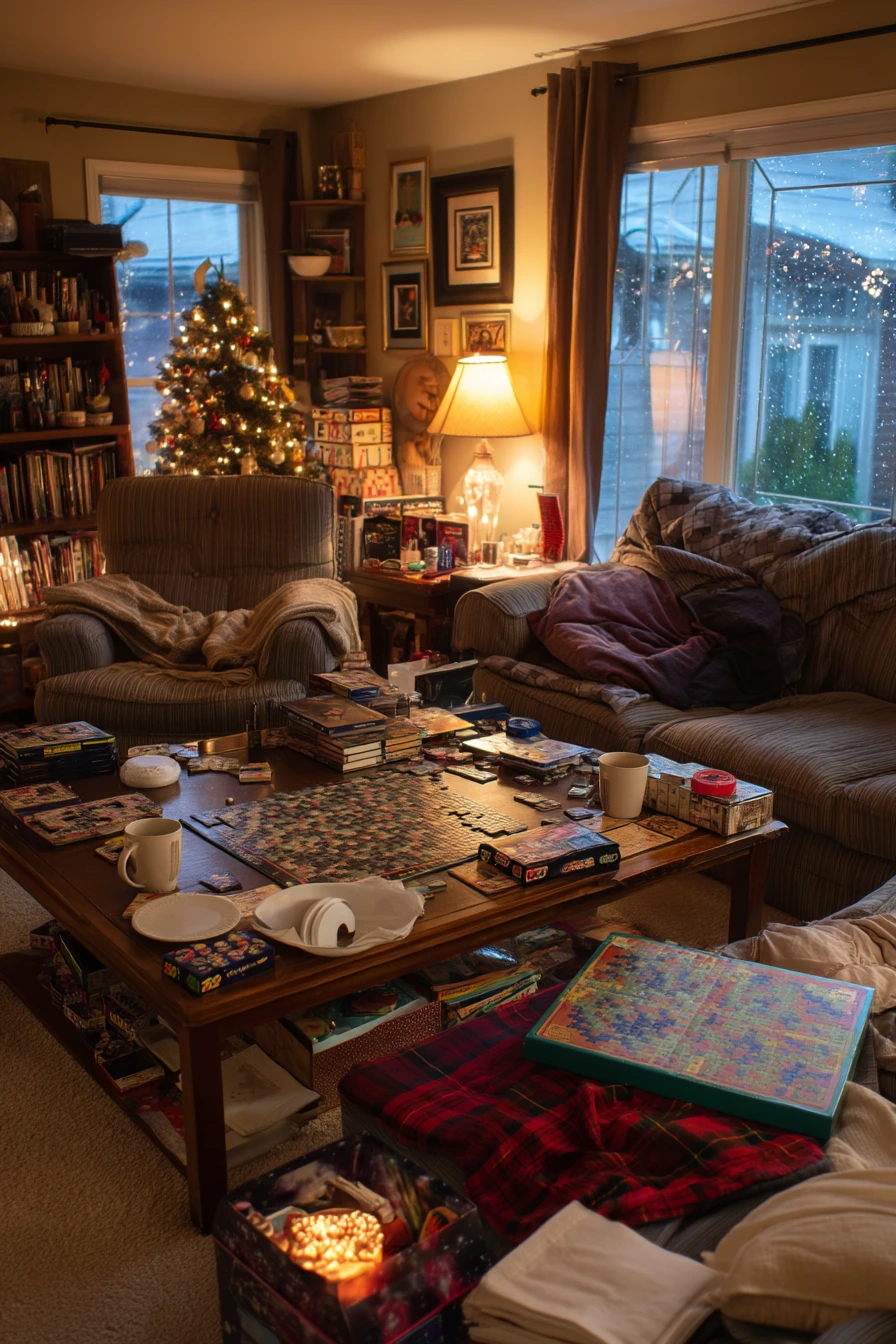 Holiday Evening Living Room with Cozy Overflow