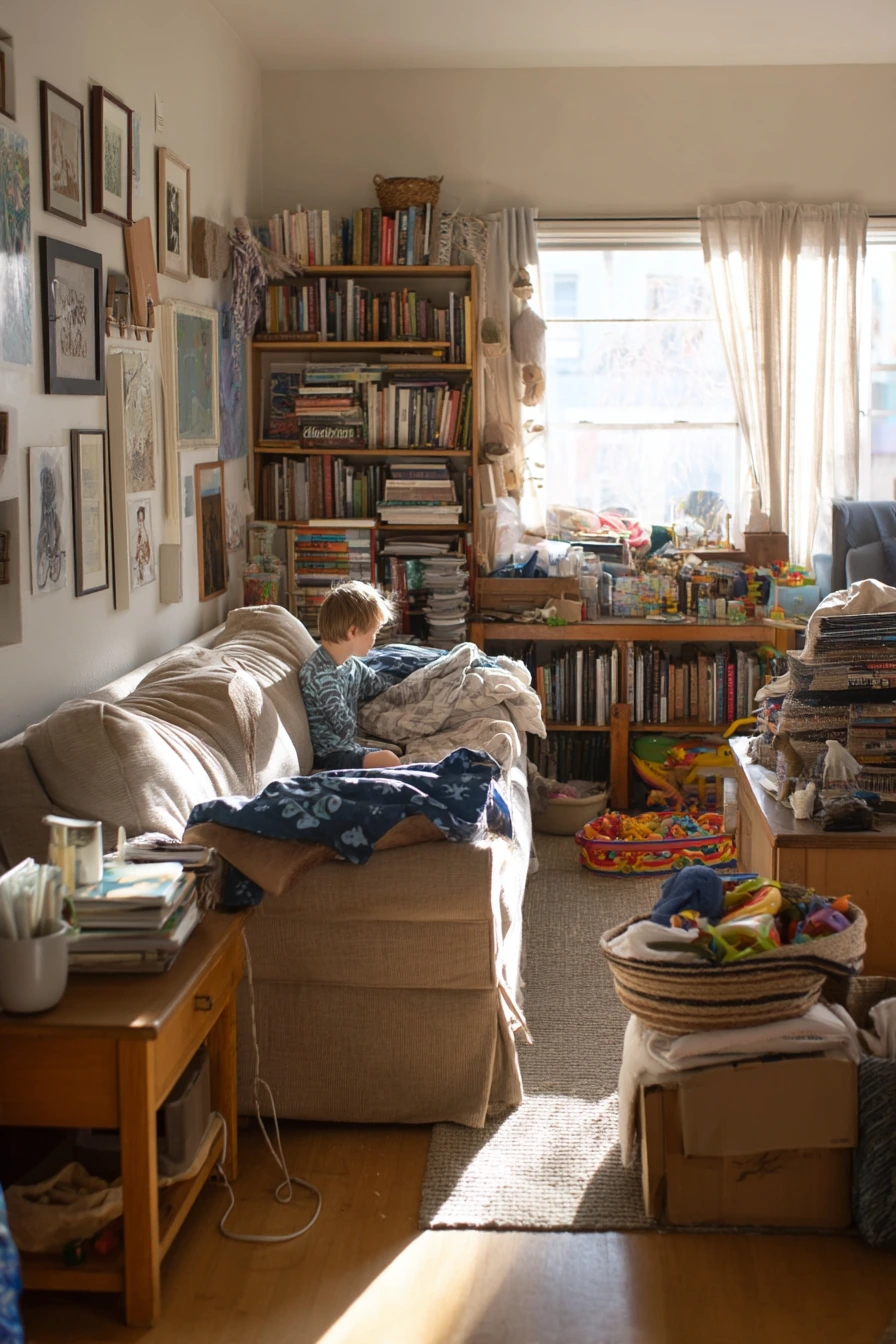 Bookish Family Living Room with Warm Clutter