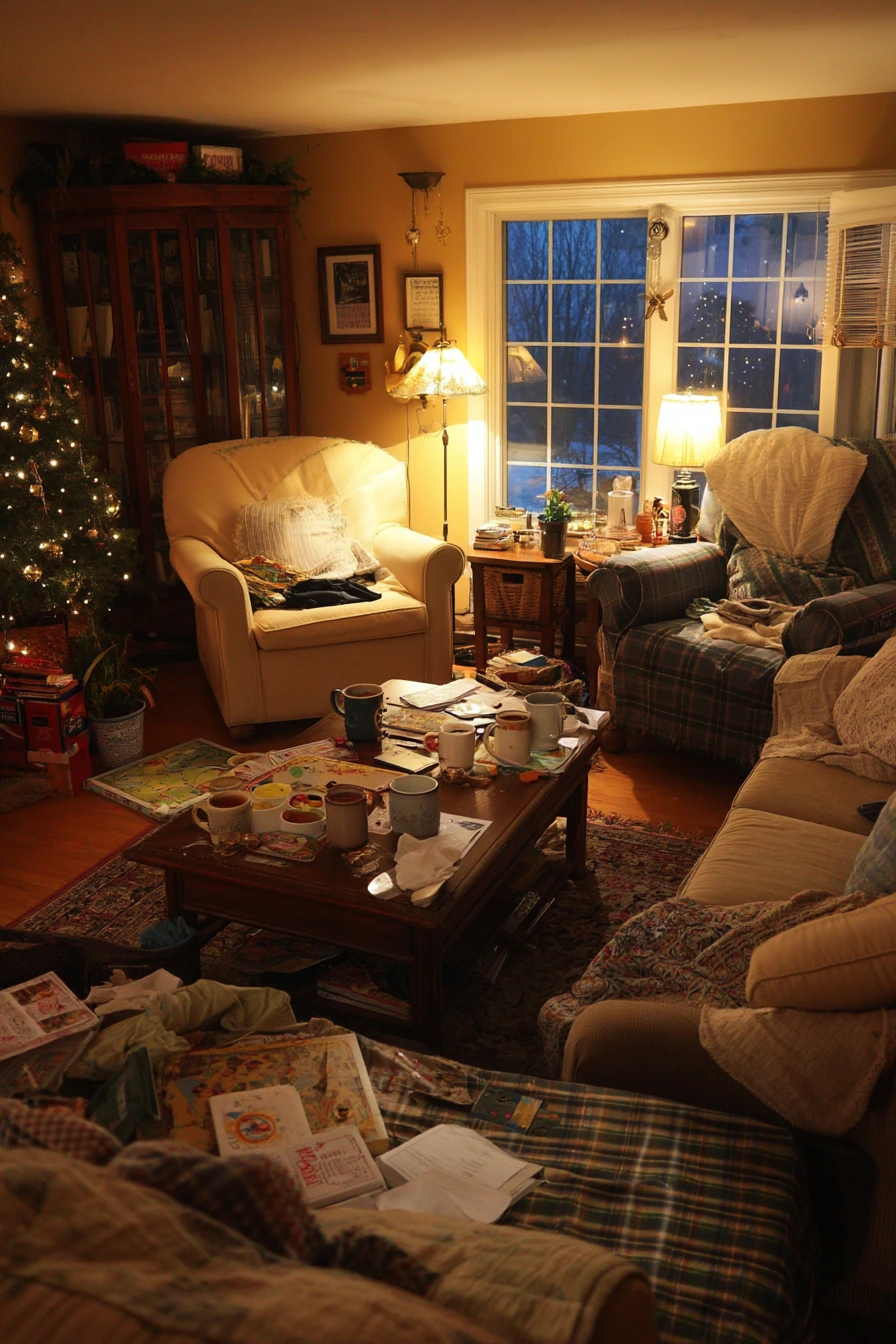 Holiday Evening Living Room with Cozy Overflow